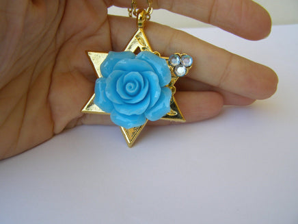 Flower Star of David Gold Necklace, Coral Rose Pendant, Gold and Turquoise Necklace, Gold Magen David Necklace, Turquoise Coral Necklace