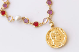 COIN NECKLACE, Woman Necklace, Colorful Red Purple Pink And Pearls Necklace, Gold Coin Pendant, Statement Multicolor Necklace, Medallion