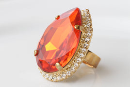 ORANGE TEARDROP RING, Hot Orange Gold Rings, Large Ring, Cocktail Evening Ring, Classic Summer Jewelry, Mother Of The Bride Jewelry Gift