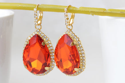 ORANGE TEARDROP EARRINGS, Hot Orange Earrings, Large Earrings, Cocktail Evening Earrings,Classic Summer Jewelry, Mother Of The Bride Jewelry