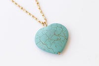 TURQUOISE HEART NECKLACE, Turquoise Boho Pendant, Anniversary gift , Gold Large Pendant, Necklace, Simple Turquoise Necklace, Mom Gift