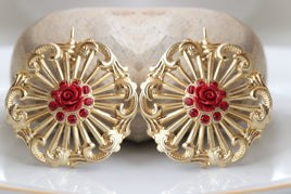 Coral flower Earrings, Gold coral Earrings, Summer Earrings, Red Gold Earrings, Bridesmaid Floral Earrings gift, Drop Large Earrings