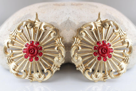 Coral flower Earrings, Gold coral Earrings, Summer Earrings, Red Gold Earrings, Bridesmaid Floral Earrings gift, Drop Large Earrings
