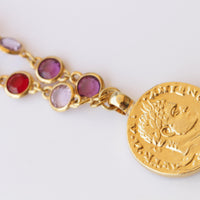 COIN NECKLACE, Woman Necklace, Colorful Red Purple Pink And Pearls Necklace, Gold Coin Pendant, Statement Multicolor Necklace, Medallion