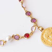 COIN NECKLACE, Woman Necklace, Colorful Red Purple Pink And Pearls Necklace, Gold Coin Pendant, Statement Multicolor Necklace, Medallion