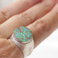 GREEN OPAL RING, Men Opal Ring, Chunky Ring, Gift For Him, Opal Silver Sterling Ring, Fire Opal Signet Ring, Circle Stone Ring , Unisex Ring