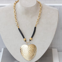 Leather Heart Necklace, Big Heart pendant, Boho leather necklace, Black Gold Necklace, Large necklace, Long Ethnic Chunky Necklace Gift