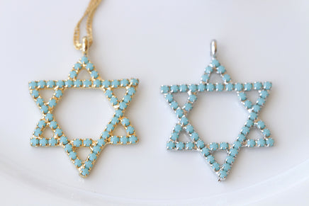 TURQUOISE STAR OF David Necklace, Jewish Star Jewelry, Gold Blue Crystal Necklace, Bat Mitzvah Gift, Shield Of David, Jewelry From Israel