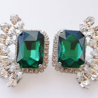 EMERALD WEDDING EARRINGS, Bridal Green Earrings, Statement Earrings, Emerald White Earrings, Cluster Studs,Dark Green Jewelry,Leaf Earrings