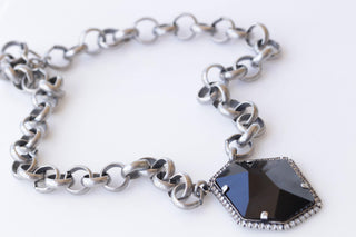 BLACK CHUNKY NECKLACE, Silver Black Necklace, Asymmetric Black Pendant Necklace, Unique Evening Necklace, Formal Statement Large Necklace