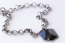 BLACK CHUNKY NECKLACE, Silver Black Necklace, Asymmetric Black Pendant Necklace, Unique Evening Necklace, Formal Statement Large Necklace