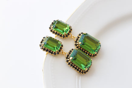 GREEN BLACK EARRINGS, Olive Green Earrings, Emerald crystal drop earrings,Wedding earrings, Jewelry For Emerald Green Dress, Square Earrings