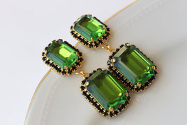 GREEN BLACK EARRINGS, Olive Green Earrings, Emerald crystal drop earrings,Wedding earrings, Jewelry For Emerald Green Dress, Square Earrings