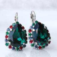 EMERALD GREEN EARRINGS, Red Green Blue Earrings, Colorful Earrings, Wedding Unique Dangle Earrings, Bridal Earrings, Gift For Christmas