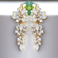 OPAL LONG EARRINGS, Bridal White Crystal Statement Earrings, Gold White Jewelry For Bride, Wedding Dangle Earrings, Cluster Drop Earring