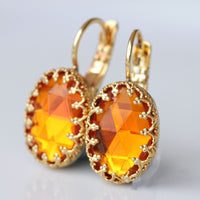 ORANGE EARRINGS, Hot Orange Earrings, Bridal Earrings, Wedding Summer Earrings, Simple Gold Orange Earrings, Crystal Earrings, Gift For Her