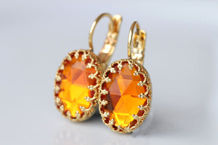 ORANGE EARRINGS, Hot Orange Earrings, Bridal Earrings, Wedding Summer Earrings, Simple Gold Orange Earrings, Crystal Earrings, Gift For Her