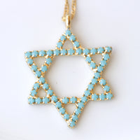 TURQUOISE STAR OF David Necklace, Jewish Star Jewelry, Gold Blue Crystal Necklace, Bat Mitzvah Gift, Shield Of David, Jewelry From Israel