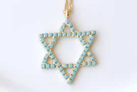 TURQUOISE STAR OF David Necklace, Jewish Star Jewelry, Gold Blue Crystal Necklace, Bat Mitzvah Gift, Shield Of David, Jewelry From Israel