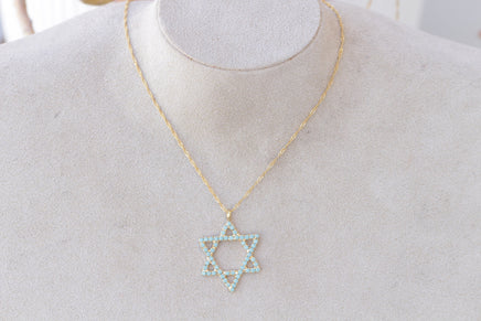 TURQUOISE STAR OF David Necklace, Jewish Star Jewelry, Gold Blue Crystal Necklace, Bat Mitzvah Gift, Shield Of David, Jewelry From Israel