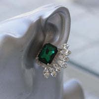 EMERALD WEDDING EARRINGS, Bridal Green Earrings, Statement Earrings, Emerald White Earrings, Cluster Studs,Dark Green Jewelry,Leaf Earrings
