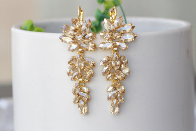 CHAMPAGNE LONG EARRINGS, Bridal Champagne Statement Earrings, Gold Topaz Jewelry For Bride, Wedding Dangle Earrings, Cluster Drop Earring