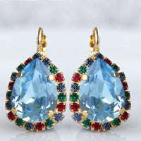 AQUAMARINE EARRINGS, Red Green Blue Earrings, Colorful Earrings, Birthday Gift, Multicolor Drop Earrings, Bridal Earrings,Gift For Christmas