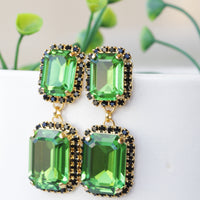 GREEN BLACK EARRINGS, Olive Green Earrings, Emerald crystal drop earrings,Wedding earrings, Jewelry For Emerald Green Dress, Square Earrings