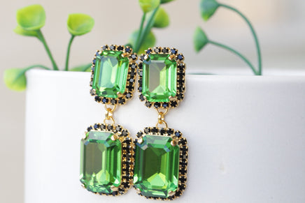 GREEN BLACK EARRINGS, Olive Green Earrings, Emerald crystal drop earrings,Wedding earrings, Jewelry For Emerald Green Dress, Square Earrings