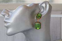 GREEN BLACK EARRINGS, Olive Green Earrings, Emerald crystal drop earrings,Wedding earrings, Jewelry For Emerald Green Dress, Square Earrings