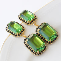 GREEN BLACK EARRINGS, Olive Green Earrings, Emerald crystal drop earrings,Wedding earrings, Jewelry For Emerald Green Dress, Square Earrings