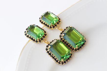 GREEN BLACK EARRINGS, Olive Green Earrings, Emerald crystal drop earrings,Wedding earrings, Jewelry For Emerald Green Dress, Square Earrings