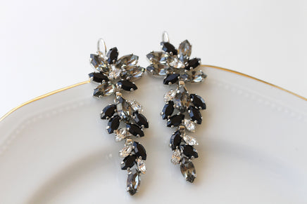 BLACK GRAY EARRINGS, Bridal Long Earrings, Statement Jewelry For Bride, Evening Black Dress Unique Earrings, Grape Cluster Earrings Gift