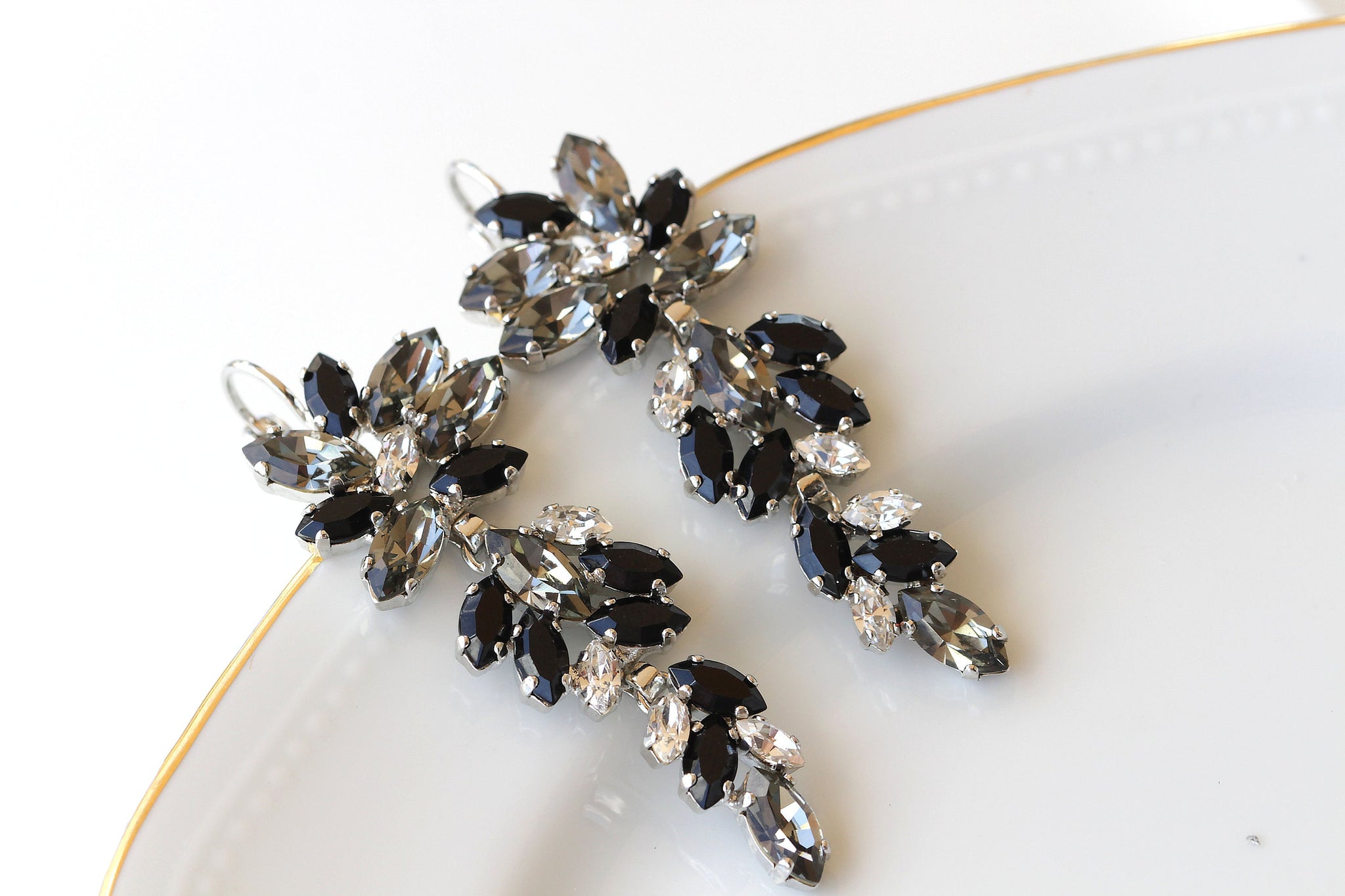 statement earrings for black dress Gold With Statement Earrings Earrings To Wear With Black Dress Black Gold The Victoria Baroque Statement Earrings are our modern Handmade Black Floral Statement Earrings