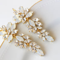 OPAL LONG EARRINGS, Bridal White Crystal Statement Earrings, Gold White Jewelry For Bride, Wedding Dangle Earrings, Cluster Drop Earring