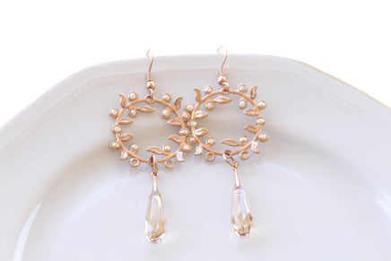 CHAMPAGNE EARRINGS, Rose Gold Leaves earrings, bridal earrings, Teardrop Earrings, Botanical Jewelry, Garden Wedding,Rustic Outdoor Wedding