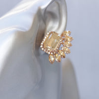 CHAMPAGNE WEDDING EARRINGS, Bridal Topaz Earrings, Statement Earrings, Rose Gold Big Earrings, Cluster Studs, Evening Jewelry, Leaf Earrings