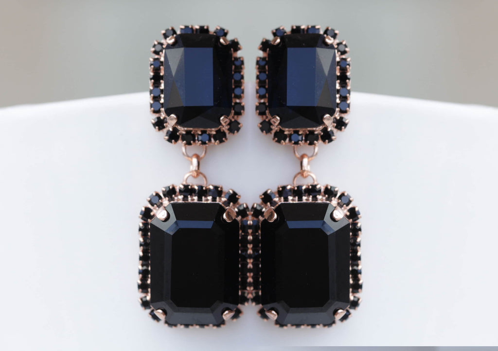 BLACK GOLD Earrings, Cocktail Black Long Earrings, black crystal drop earrings, Long earrings, Art Deco Earrings For Black Evening Dress