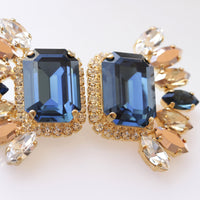 NAVY WEDDING EARRINGS, Bridal Blue Navy Earrings, Statement Earrings, Rose Gold Big Earrings, Cluster Studs,Dark Blue Jewelry,Leaf Earrings