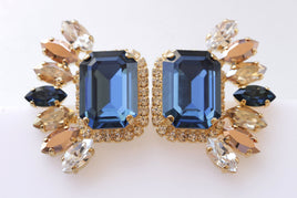 NAVY WEDDING EARRINGS, Bridal Blue Navy Earrings, Statement Earrings, Rose Gold Big Earrings, Cluster Studs,Dark Blue Jewelry,Leaf Earrings