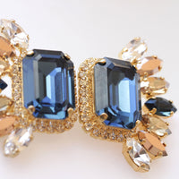 NAVY WEDDING EARRINGS, Bridal Blue Navy Earrings, Statement Earrings, Rose Gold Big Earrings, Cluster Studs,Dark Blue Jewelry,Leaf Earrings