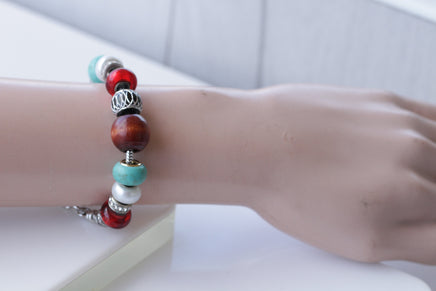 COLORFUL BEADED BRACELET, Wood bracelet, Turquoise Beads Bracelet,Pearls Beaded bracelet,Red White Blue Silver Bracelet, Turquoise and brown