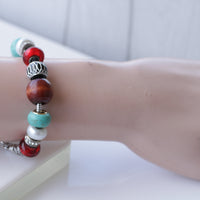 COLORFUL BEADED BRACELET, Wood bracelet, Turquoise Beads Bracelet,Pearls Beaded bracelet,Red White Blue Silver Bracelet, Turquoise and brown