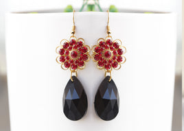 RED BLACK EARRINGS, Red Gold Black Teardrop Earrings, Red Flower Drop Earrings, Dangle Earrings, Gift for Her, Black Dress Unique Earrings