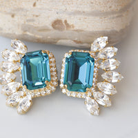 BLUE WEDDING EARRINGS, Bridal Blue Turquoise Earrings, Statement Earrings, Topaz Big Earrings, Cluster Studs,Dark Blue Jewelry,Leaf Earrings