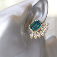BLUE WEDDING EARRINGS, Bridal Blue Turquoise Earrings, Statement Earrings, Topaz Big Earrings, Cluster Studs,Dark Blue Jewelry,Leaf Earrings
