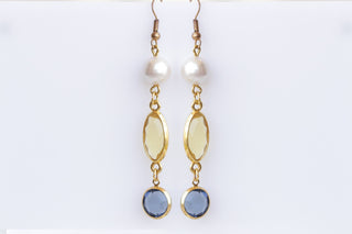 BLUE AND YELLOW Earrings, Pearl Long Earrings, Colorful Dangle Earrings, Bridal Multicolor And Pearl Drop earrings, Navy Blue Gold Earrings