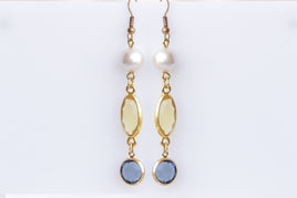 BLUE AND YELLOW Earrings, Pearl Long Earrings, Colorful Dangle Earrings, Bridal Multicolor And Pearl Drop earrings, Navy Blue Gold Earrings
