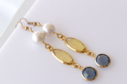 BLUE AND YELLOW Earrings, Pearl Long Earrings, Colorful Dangle Earrings, Bridal Multicolor And Pearl Drop earrings, Navy Blue Gold Earrings