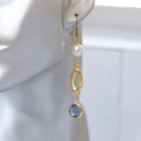 BLUE AND YELLOW Earrings, Pearl Long Earrings, Colorful Dangle Earrings, Bridal Multicolor And Pearl Drop earrings, Navy Blue Gold Earrings